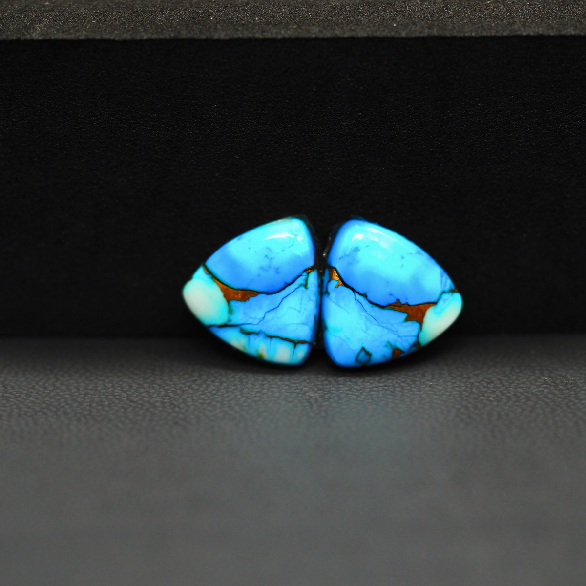 Kingman Ice Blue Dahlia Composite Trillion Cabochon Pair 13x13x3mm 8.5ct - icy blue and white stone with copper veining - Pedra Gems