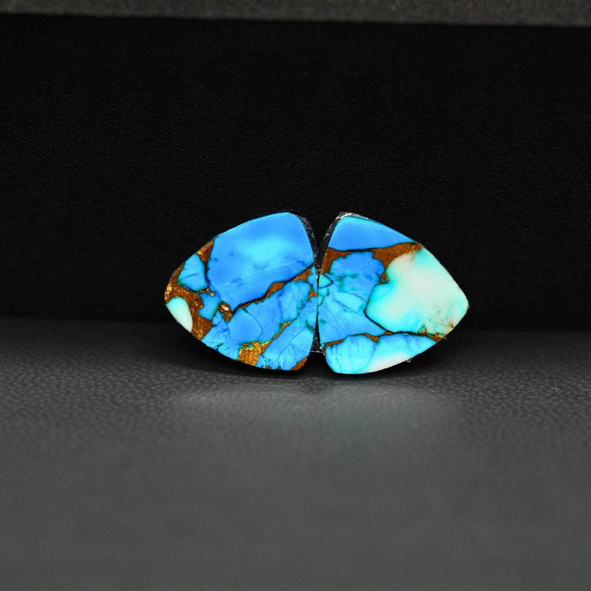 Kingman Ice Blue Dahlia Composite Trillion Cabochon Pair 13x13x3mm 8.5ct - icy blue and white stone with copper veining - Pedra Gems