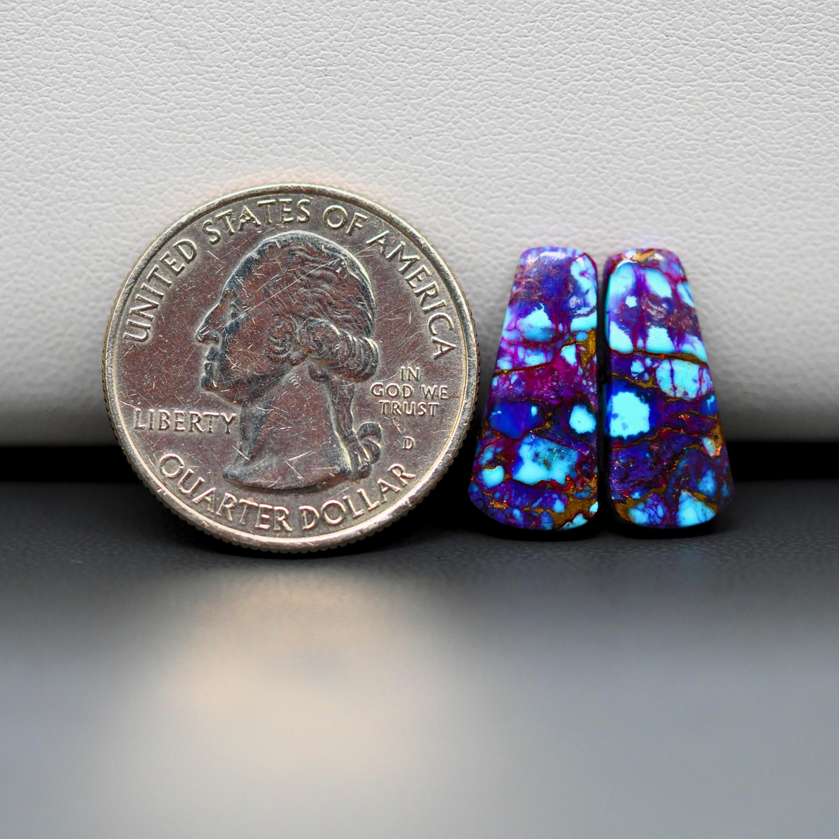 Stabilized Purple Mohave (Mojave) Turquoise trapezoid cabochon pair 18x8x3mm 9ct - purple with blue Kingman turquoise nuggets - photo 1 - Pedra Gems.