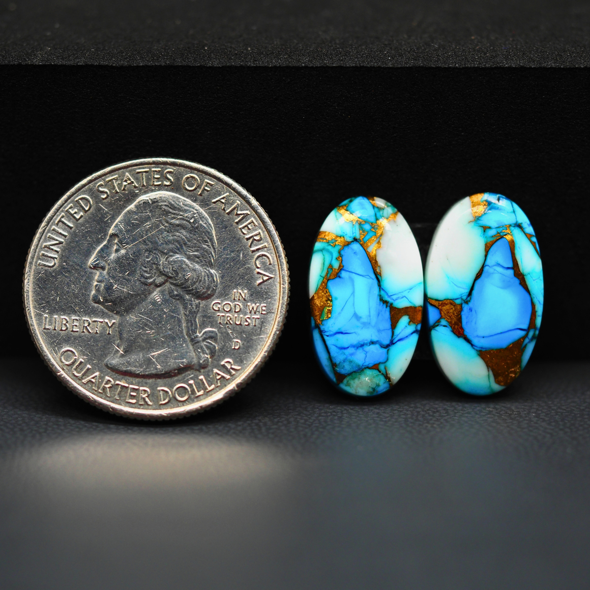 Kingman Ice Blue Dahlia Composite Oval Cabochon Pair 18x11x3mm 12.5ct - icy blue and white stone with copper veining - Pedra Gems