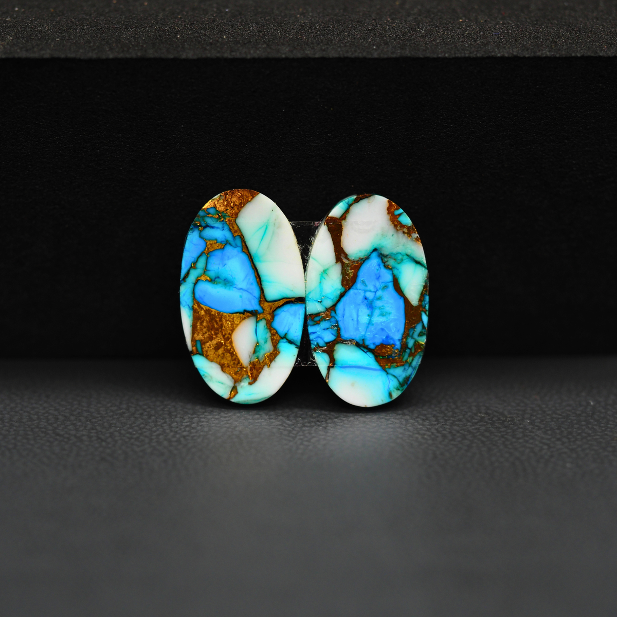Kingman Ice Blue Dahlia Composite Oval Cabochon Pair 18x11x3mm 12.5ct - icy blue and white stone with copper veining - Pedra Gems