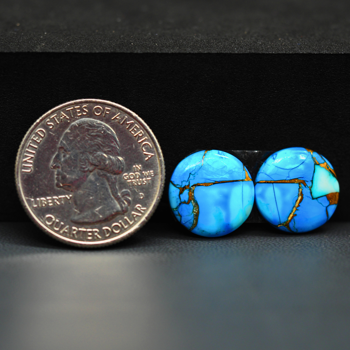 Kingman Ice Blue Dahlia Composite Round Cabochon Pair 14x14x3mm 10.5ct - icy blue and white stone with copper veining - Pedra Gems