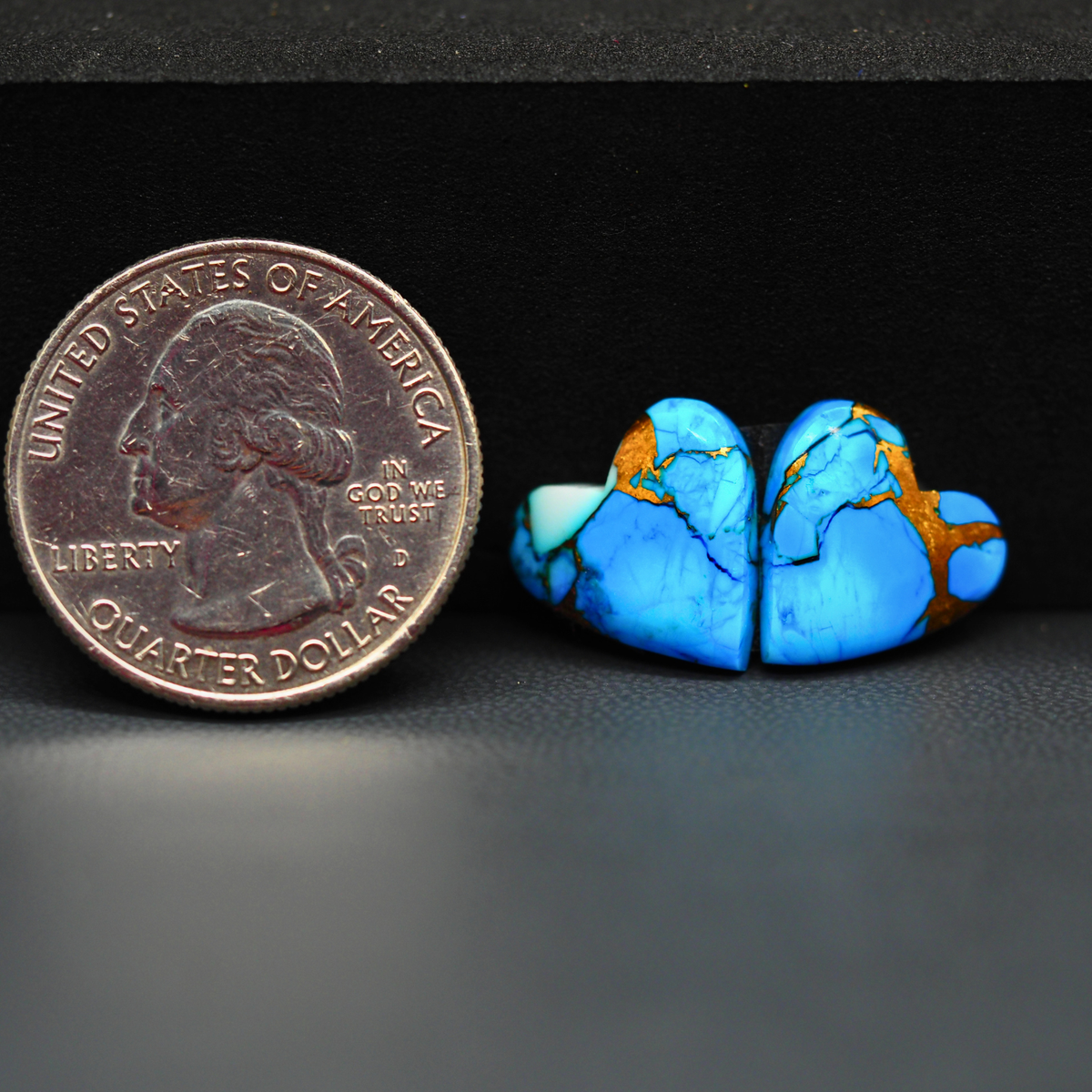 Kingman Ice Blue Dahlia Composite Heart Cabochon Pair 14x13x3mm 10ct - icy blue and white stone with copper veining - Pedra Gems