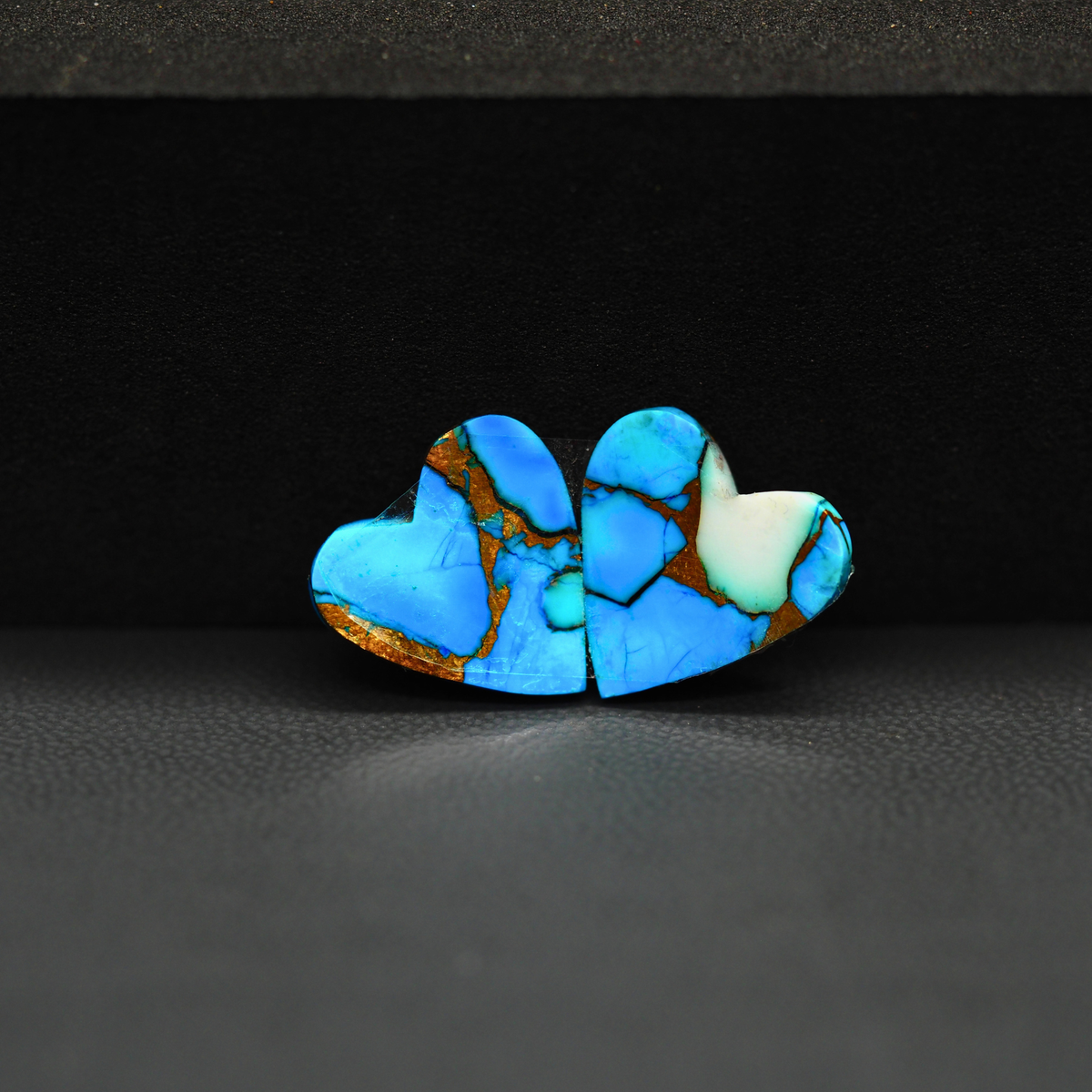 Kingman Ice Blue Dahlia Composite Heart Cabochon Pair 14x13x3mm 10ct - icy blue and white stone with copper veining - Pedra Gems