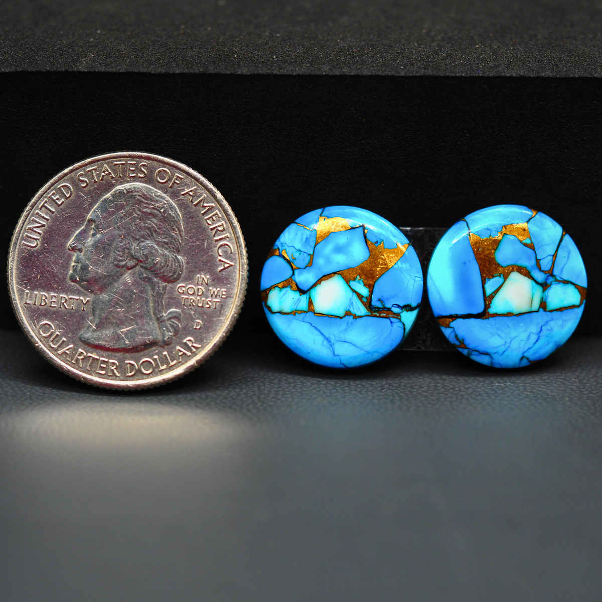 Kingman Ice Blue Dahlia Composite Round Cabochon Pair 16x16x3mm 17.5ct - icy blue and white stone with copper veining - Pedra Gems