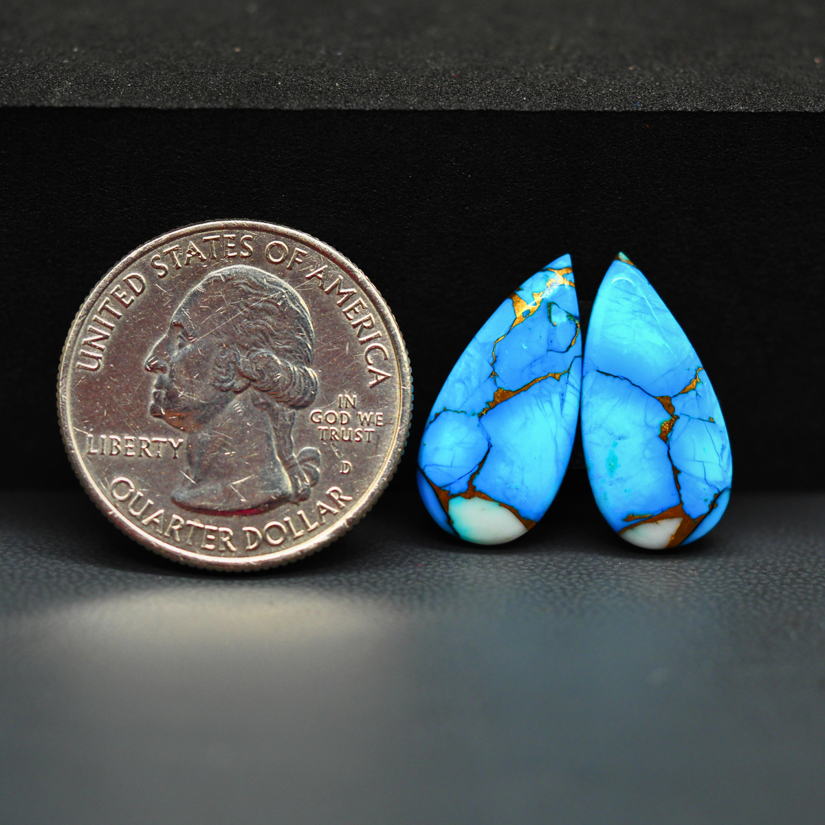 Kingman Ice Blue Dahlia Composite Pear Cabochon Pair 20x10x3mm 12ct - icy blue and white stone with copper veining - Pedra Gems