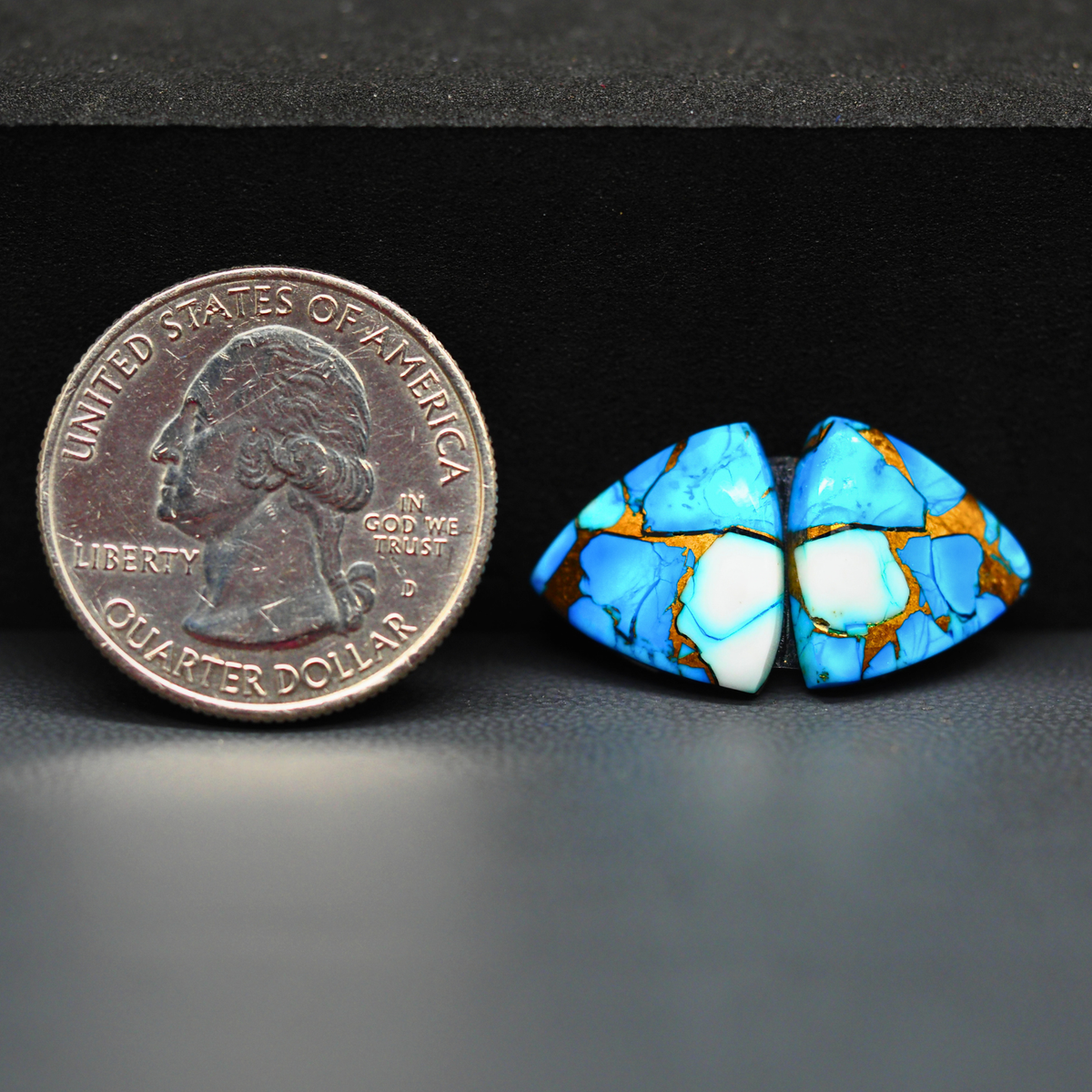 Kingman Ice Blue Dahlia Composite Trillion Cabochon Pair 14x14x3mm 12ct - icy blue and white stone with copper veining - Pedra Gems