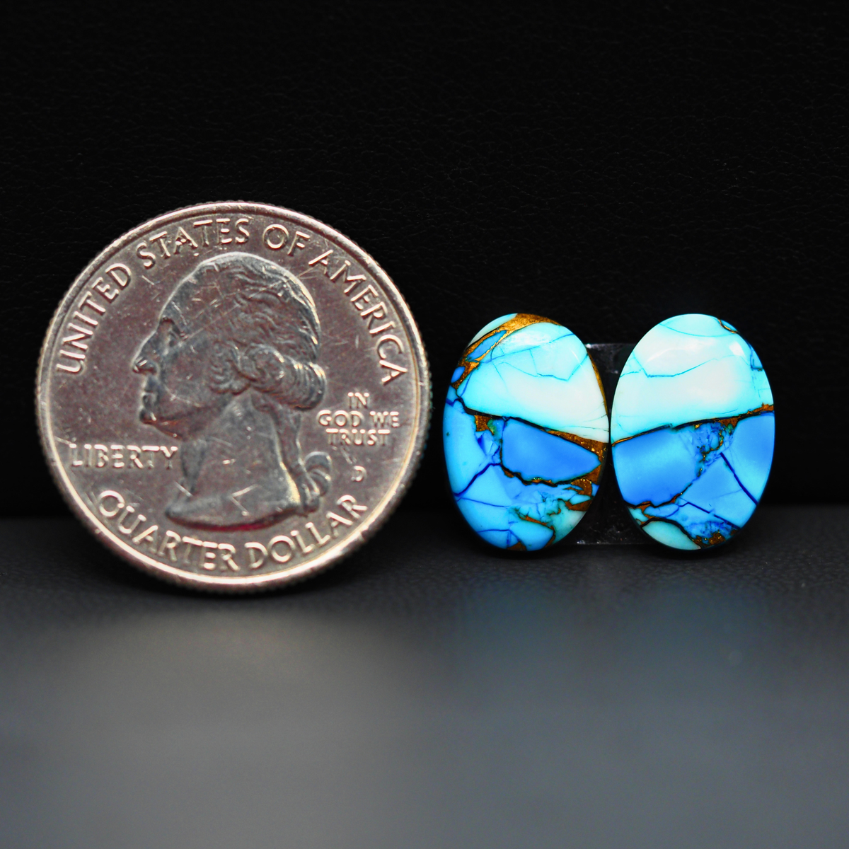 Kingman Ice Blue Dahlia Composite Oval Cabochon Pair 14x10x3mm 9.5ct - icy blue and white stone with copper veining - Pedra Gems