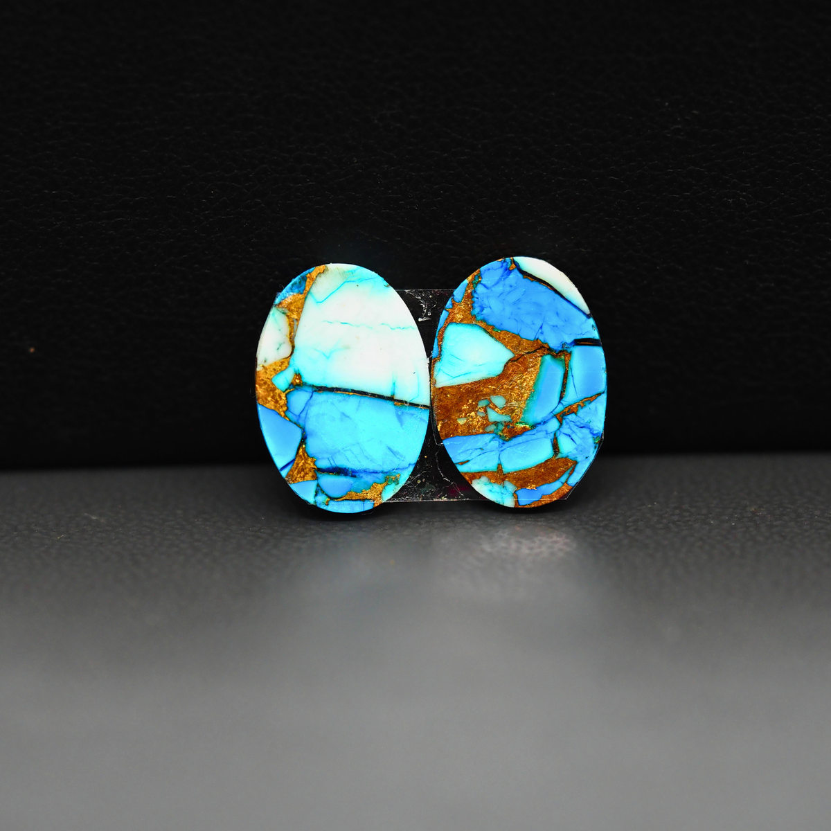 Kingman Ice Blue Dahlia Composite Oval Cabochon Pair 14x10x3mm 9.5ct - icy blue and white stone with copper veining - Pedra Gems