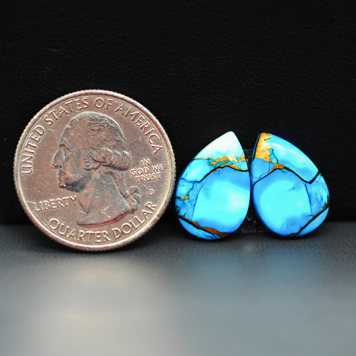 Kingman Ice Blue Dahlia Composite Pear Cabochon Pair 15x11x3mm 11ct - icy blue and white stone with copper veining - Pedra Gems