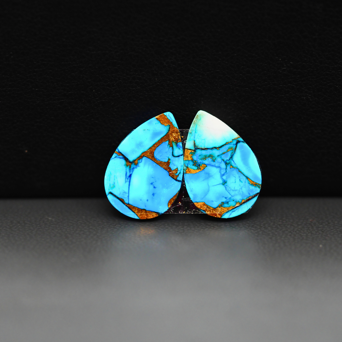 Kingman Ice Blue Dahlia Composite Pear Cabochon Pair 15x11x3mm 11ct - icy blue and white stone with copper veining - Pedra Gems