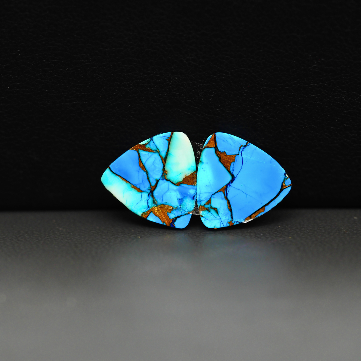 Kingman Ice Blue Dahlia Composite Trillion Cabochon Pair 13x13x3mm 10ct - icy blue and white stone with copper veining - Pedra Gems