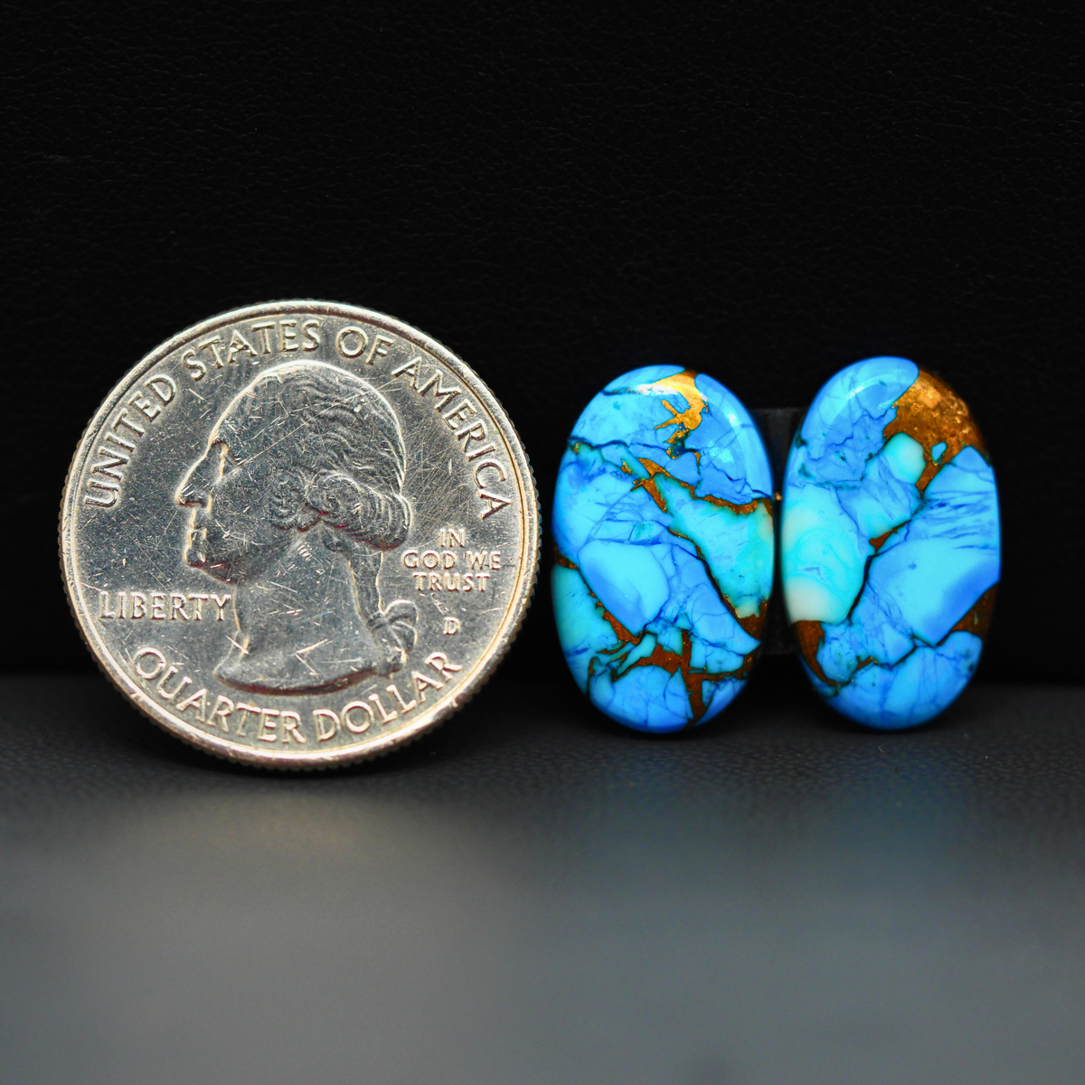 Kingman Ice Blue Dahlia Composite Oval Cabochon Pair 18x11x3mm 13.5ct - icy blue and white stone with copper veining - Pedra Gems