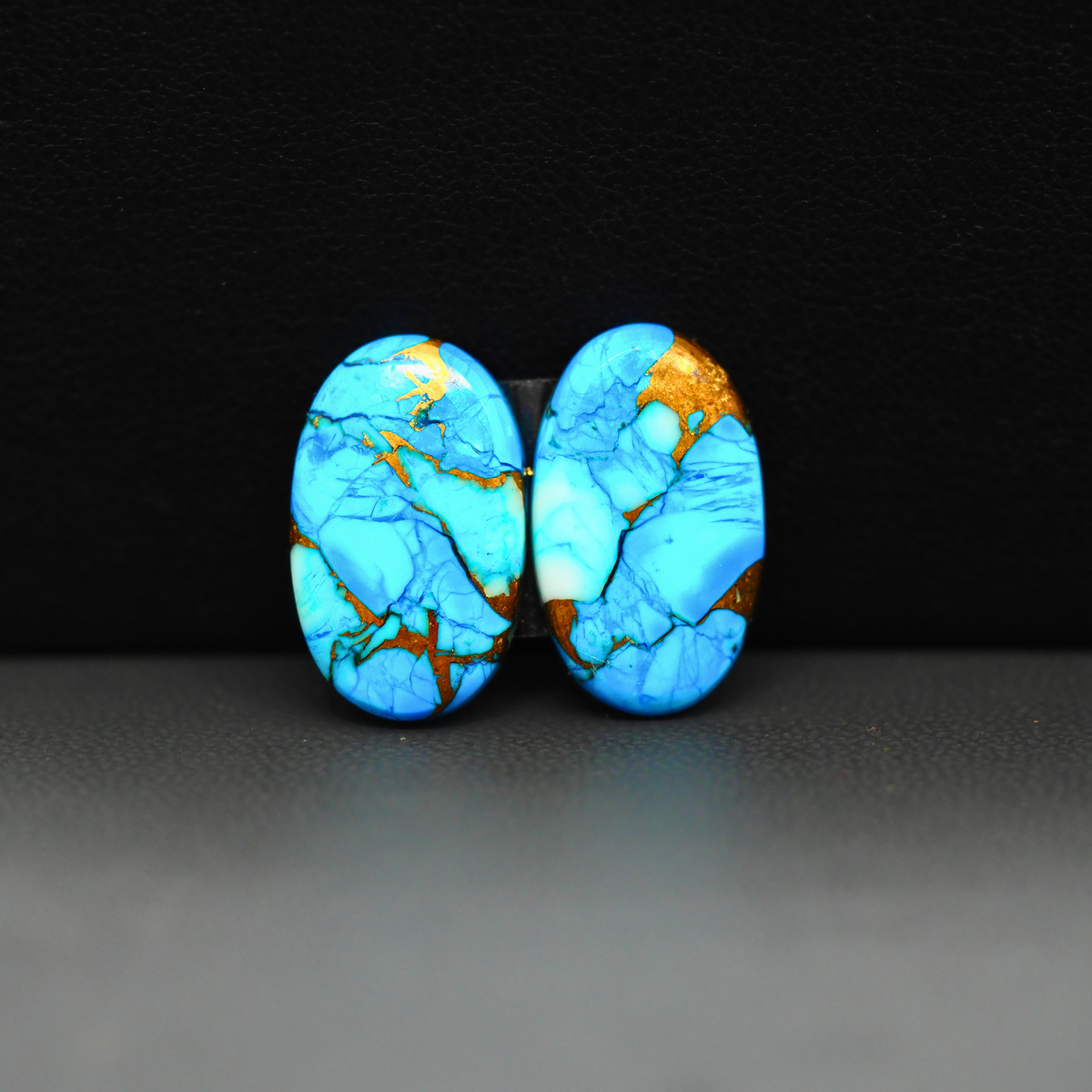 Kingman Ice Blue Dahlia Composite Oval Cabochon Pair 18x11x3mm 13.5ct - icy blue and white stone with copper veining - Pedra Gems