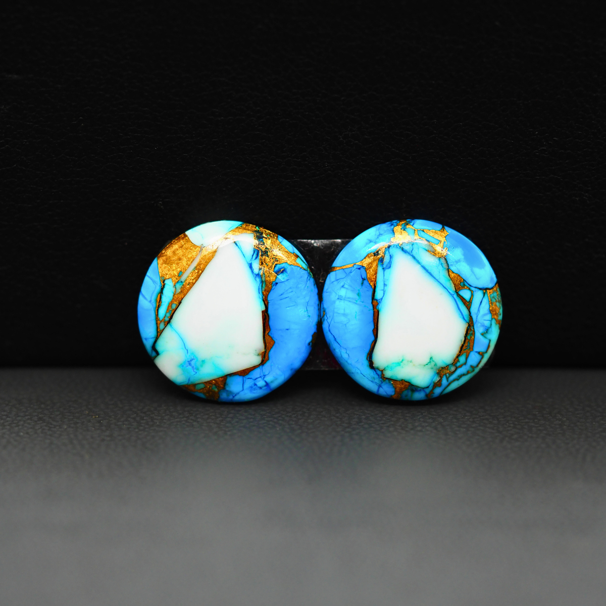 Kingman Ice Blue Dahlia Composite Round Cabochon Pair 16x16x3mm 16ct - icy blue and white stone with copper veining - Pedra Gems