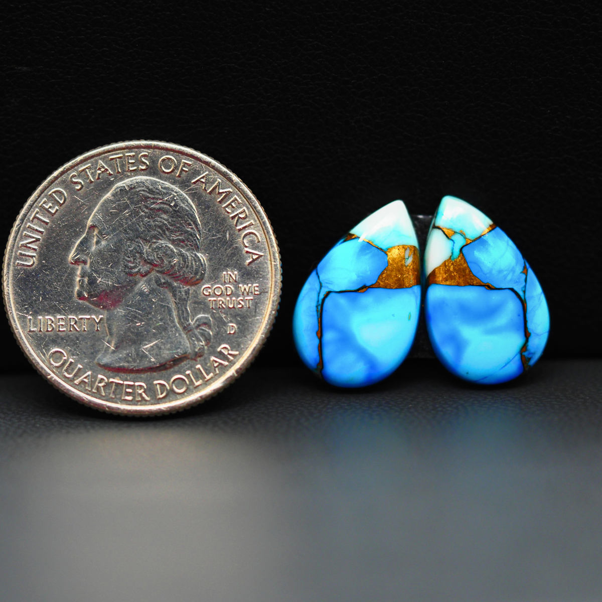 Kingman Ice Blue Dahlia Composite Pear Cabochon Pair 17x11x3mm 10.5ct - icy blue and white stone with copper veining - Pedra Gems