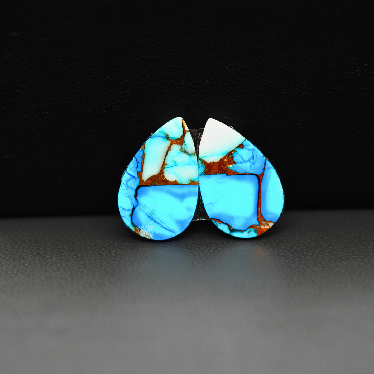 Kingman Ice Blue Dahlia Composite Pear Cabochon Pair 17x11x3mm 10.5ct - icy blue and white stone with copper veining - Pedra Gems