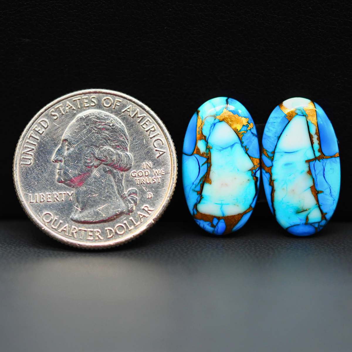 Kingman Ice Blue Dahlia Composite Oval Cabochon Pair 20x12x3mm 15.5ct - icy blue and white stone with copper veining - Pedra Gems