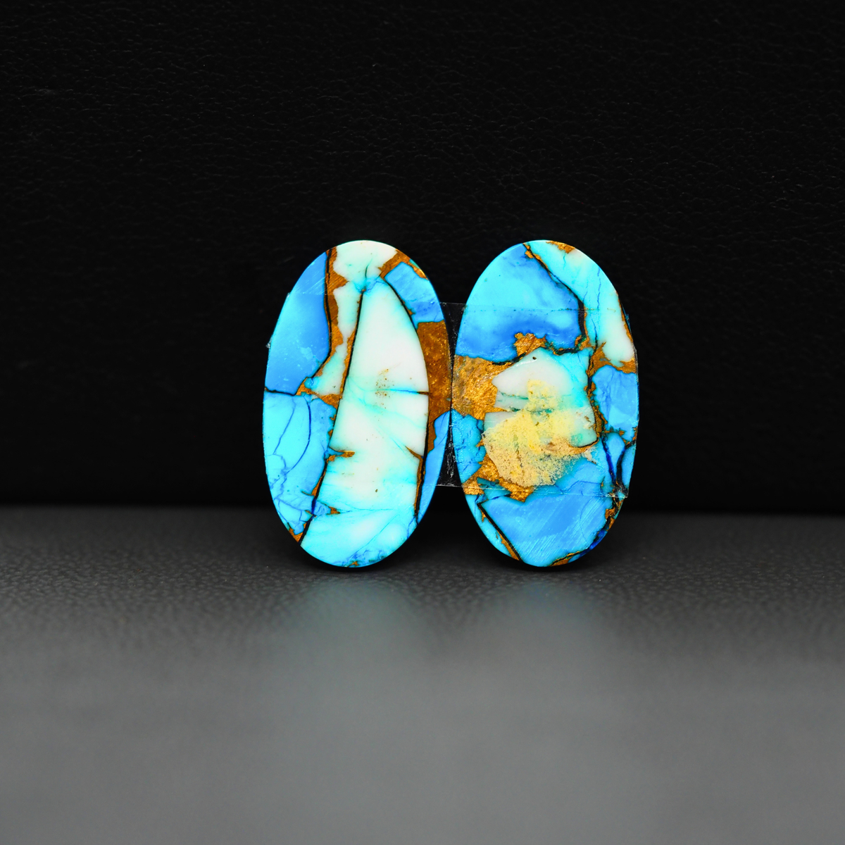 Kingman Ice Blue Dahlia Composite Oval Cabochon Pair 20x12x3mm 15.5ct - icy blue and white stone with copper veining - Pedra Gems