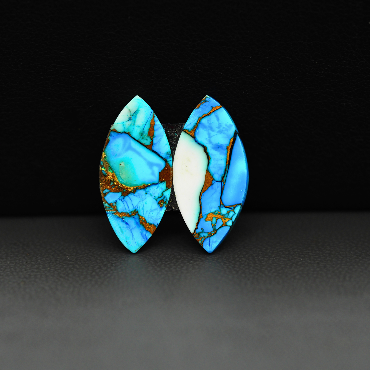 Kingman Ice Blue Dahlia Composite Marquise Cabochon Pair 21x10x3mm 13ct - icy blue and white stone with copper veining - Pedra Gems