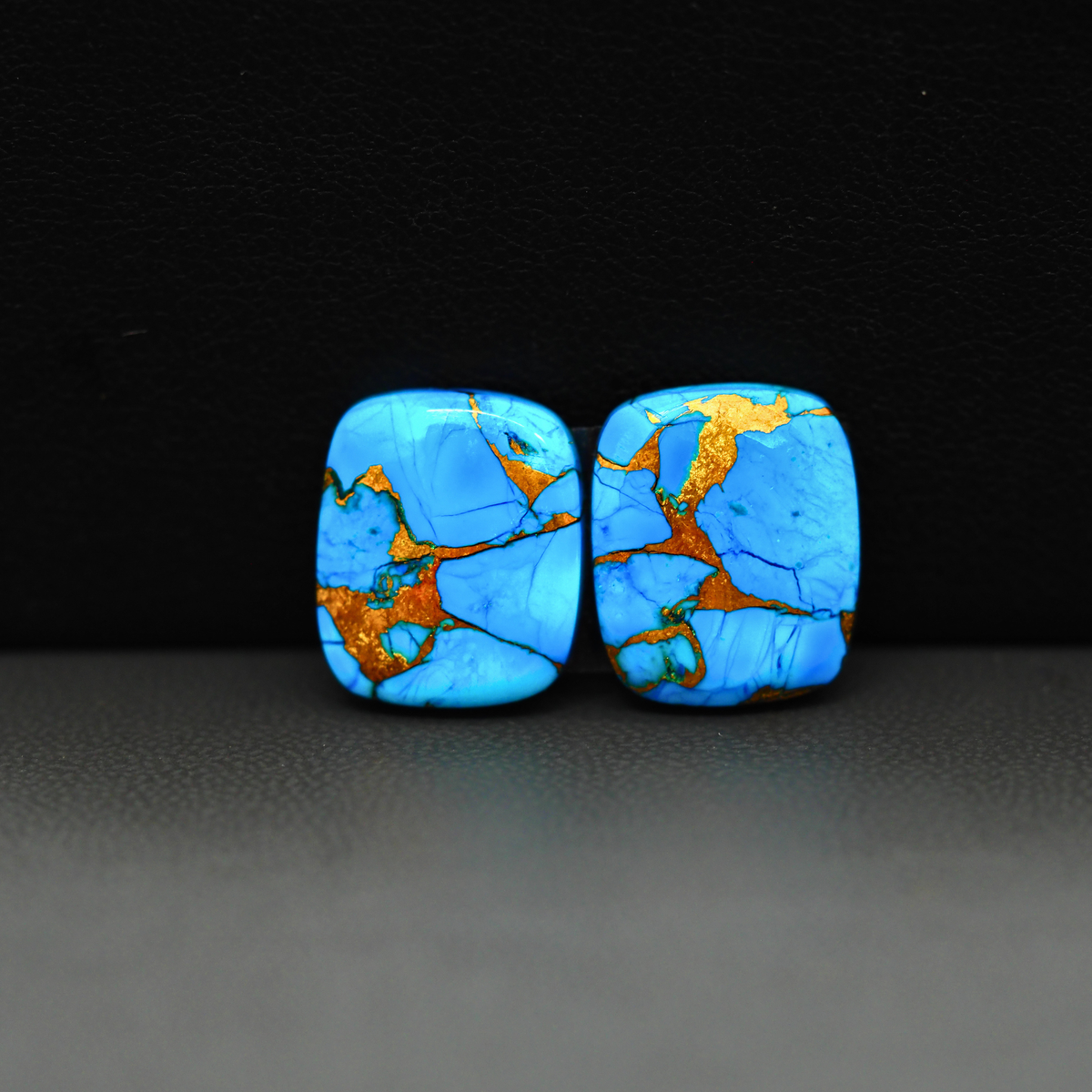 Kingman Ice Blue Dahlia Composite Cushion Cabochon Pair 15x13x3mm 14.5ct - icy blue and white stone with copper veining - Pedra Gems