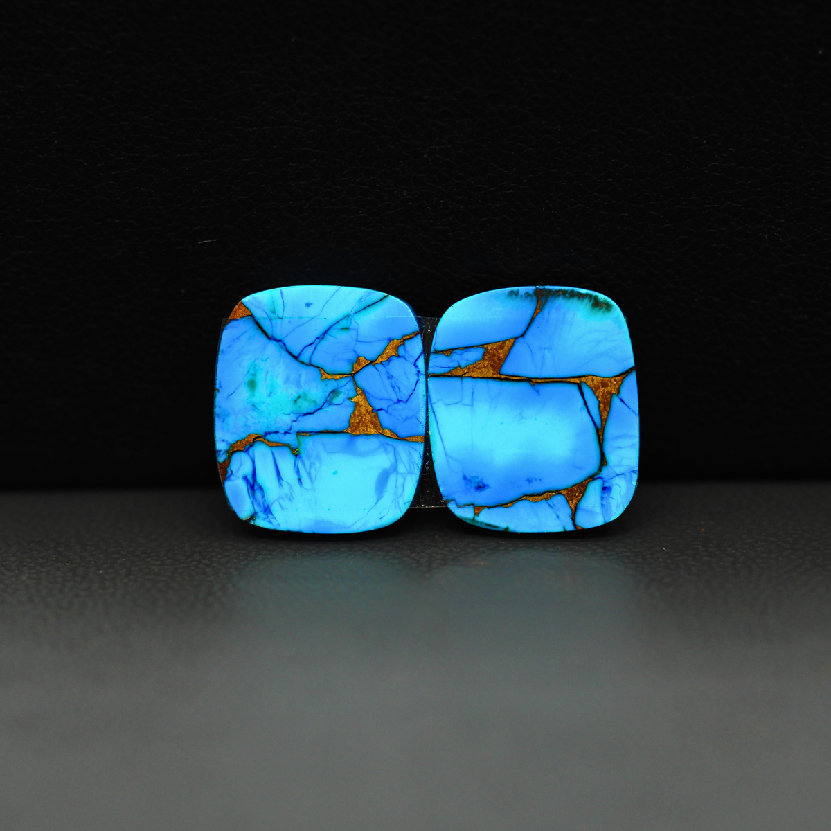 Kingman Ice Blue Dahlia Composite Cushion Cabochon Pair 15x13x3mm 14.5ct - icy blue and white stone with copper veining - Pedra Gems