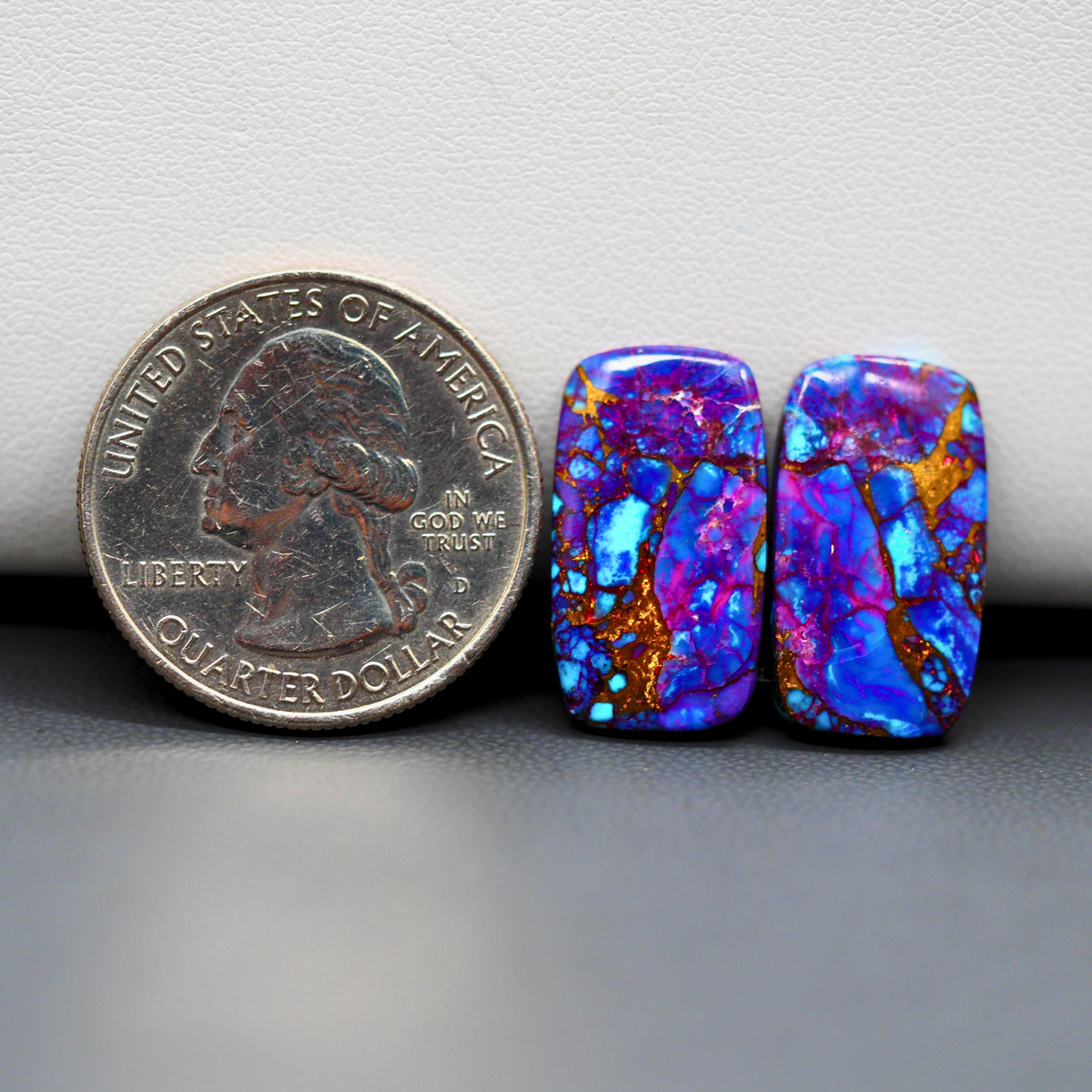 Stabilized Purple Mohave (Mojave) Turquoise rectangle cabochon pair 20x11x3mm 13.5ct - purple with blue Kingman turquoise nuggets - photo 1 - Pedra Gems.