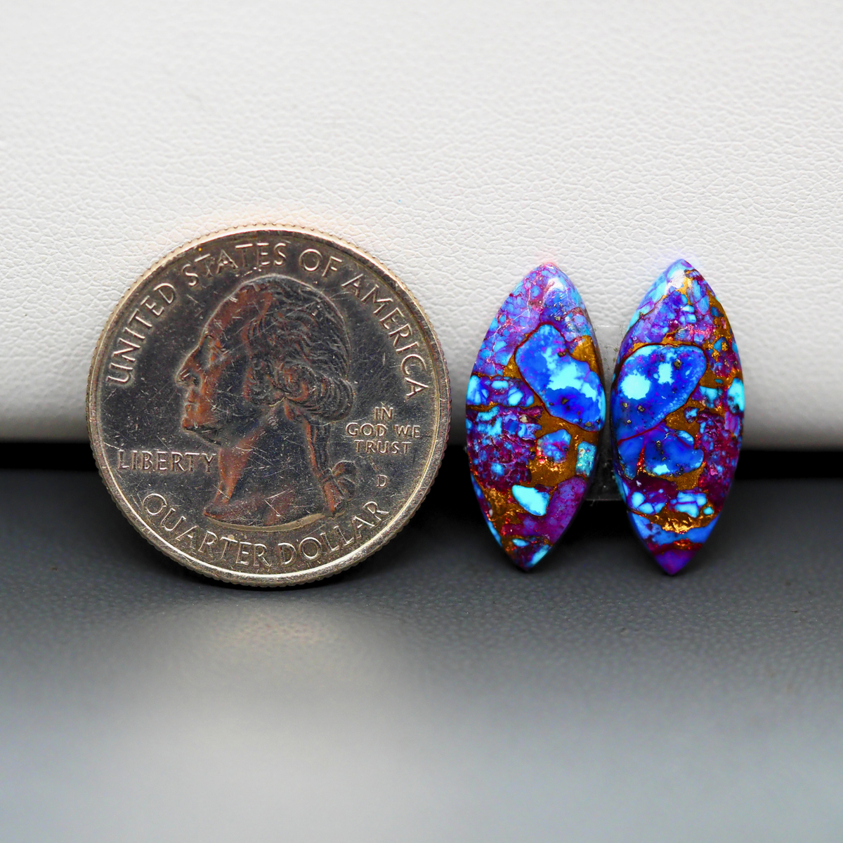 Stabilized Purple Mohave (Mojave) Turquoise marquise cabochon pair 21x9x3mm 10ct - purple with blue Kingman turquoise nuggets - photo 1 - Pedra Gems.