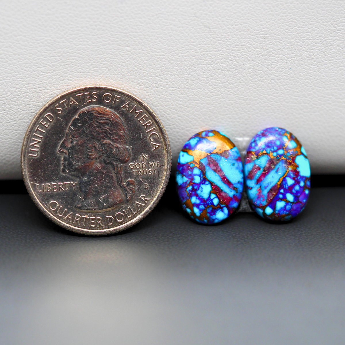 Stabilized Purple Mohave (Mojave) Turquoise oval cabochon pair 15x11x3mm 9.5ct - purple with blue Kingman turquoise nuggets - photo 1 - Pedra Gems.