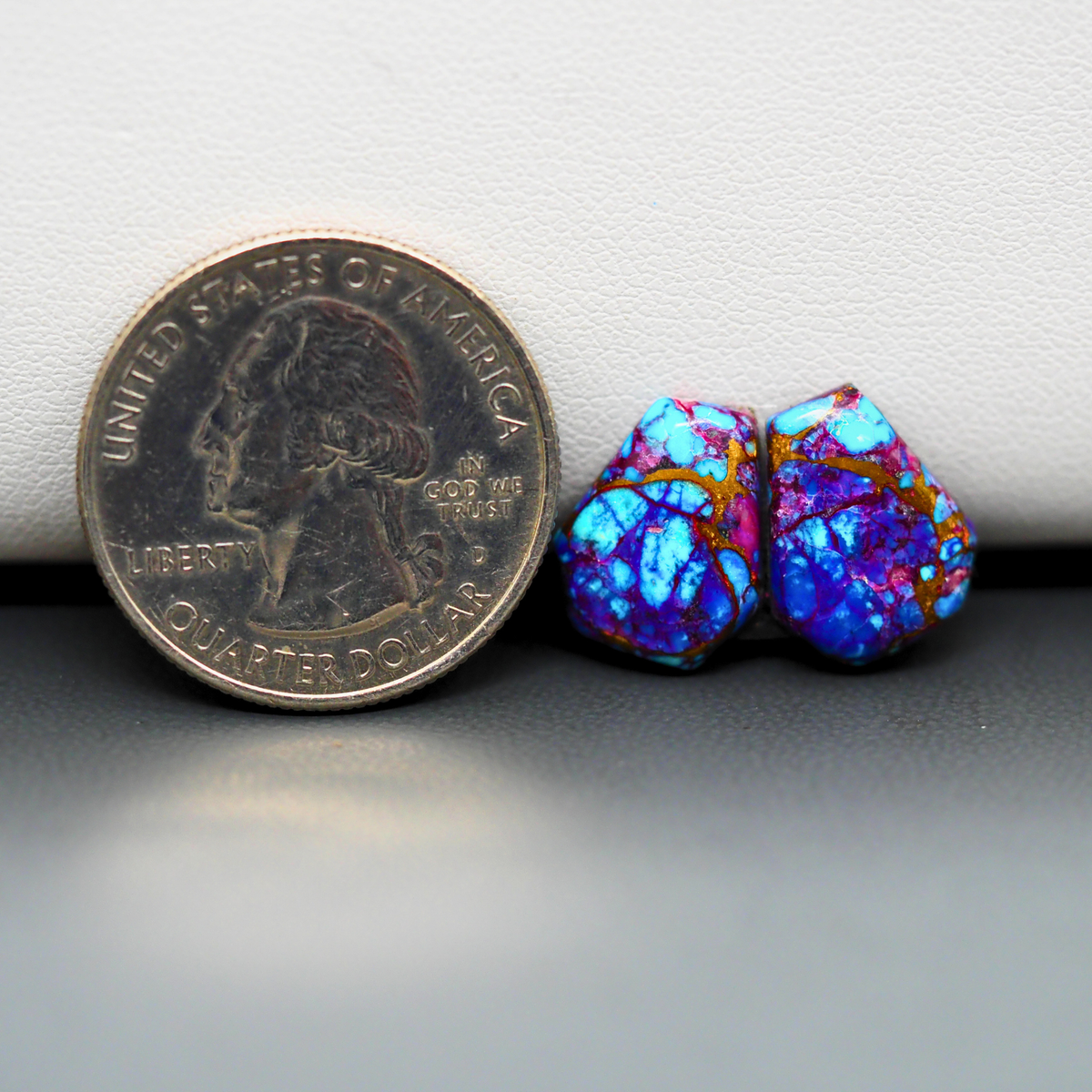 Stabilized Purple Mohave (Mojave) Turquoise coffin cabochon pair 13x10x3mm 9ct - purple with blue Kingman turquoise nuggets - photo 1 - Pedra Gems.