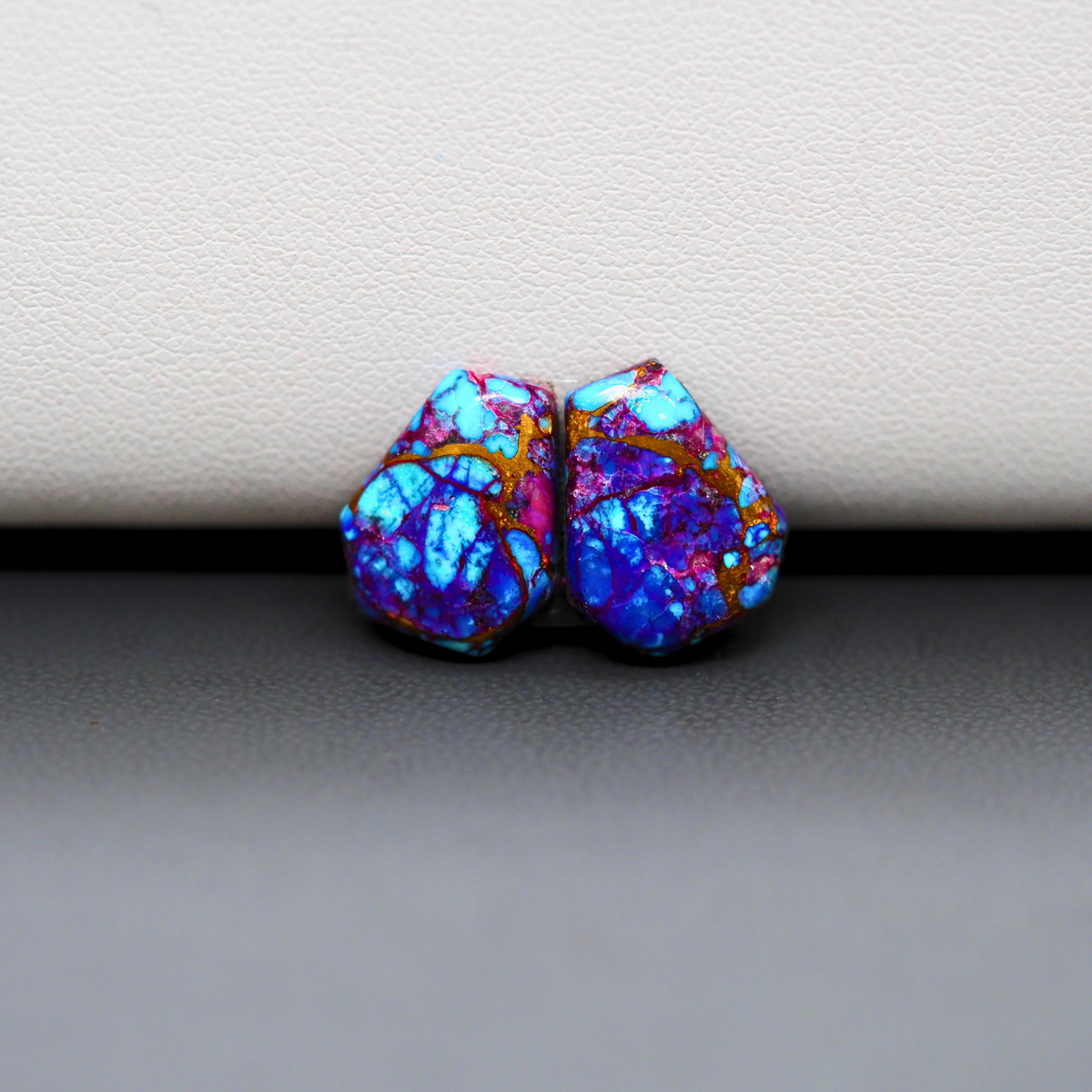 Stabilized Purple Mohave (Mojave) Turquoise coffin cabochon pair 13x10x3mm 9ct - purple with blue Kingman turquoise nuggets - photo 2 - Pedra Gems.