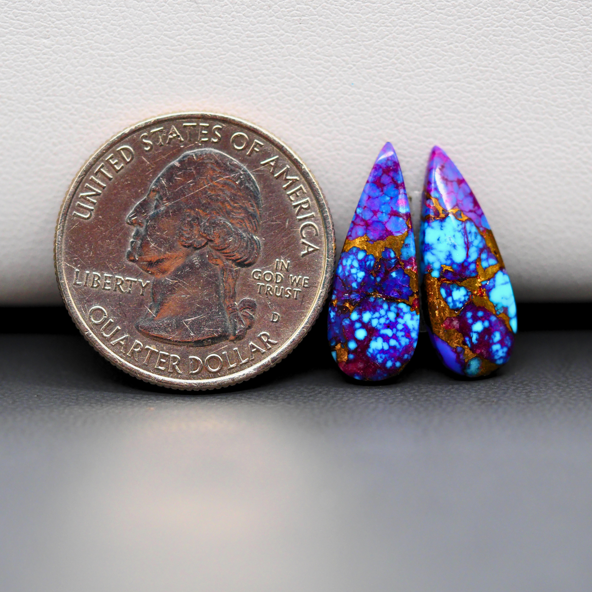 Stabilized Purple Mohave (Mojave) Turquoise pear cabochon pair 20x9x3mm 7.5ct - purple with blue Kingman turquoise nuggets - photo 1 - Pedra Gems.