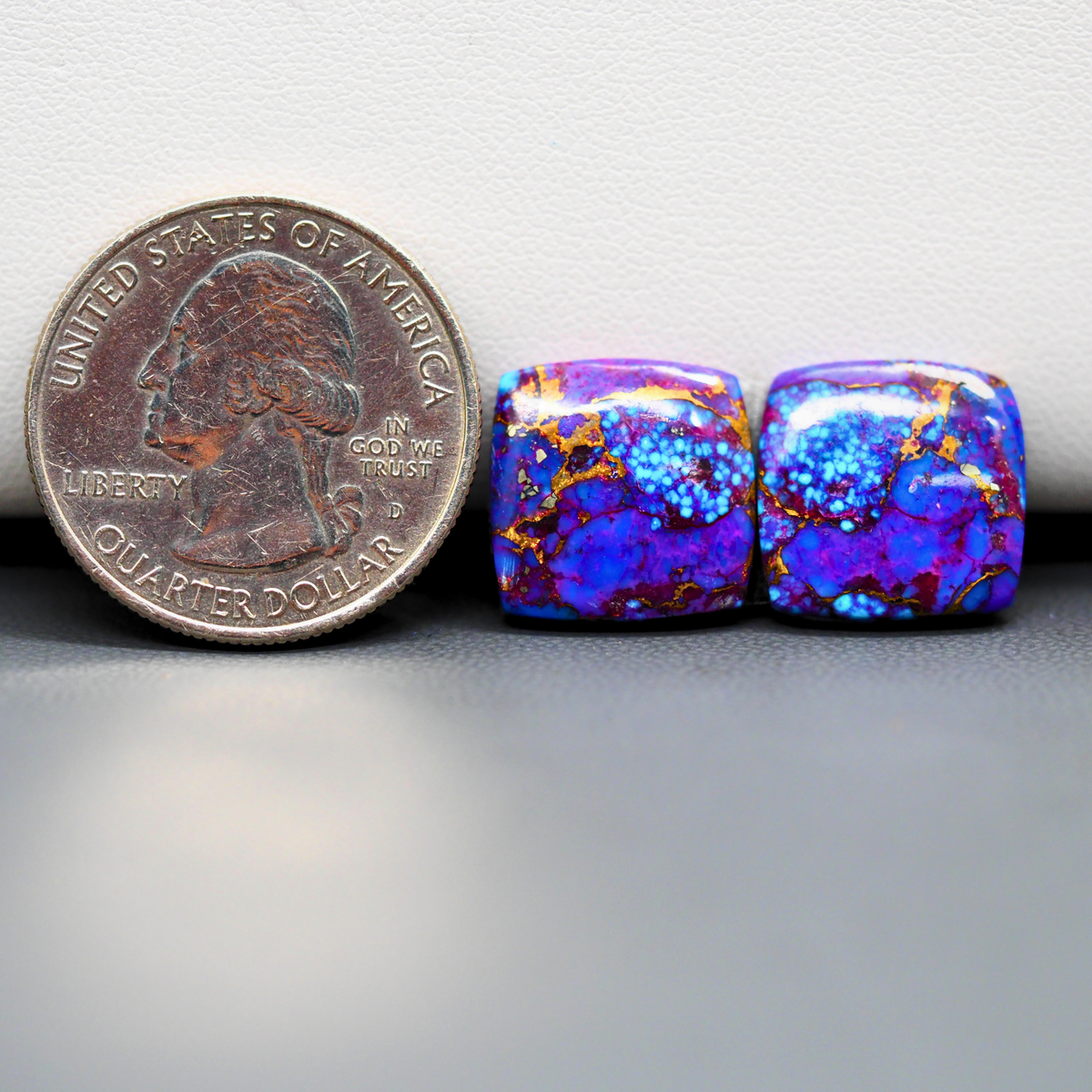 Stabilized Purple Mohave (Mojave) Turquoise cushion cabochon pair 14x15x3mm 14.5ct - purple with blue Kingman turquoise nuggets - photo 1 - Pedra Gems.