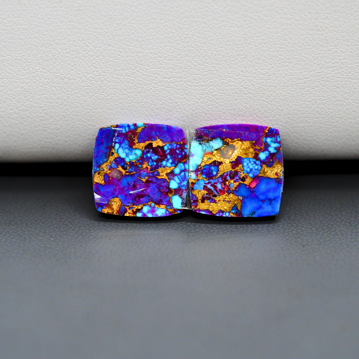 Stabilized Purple Mohave (Mojave) Turquoise cushion cabochon pair 14x15x3mm 14.5ct - purple with blue Kingman turquoise nuggets - photo 3 - Pedra Gems.