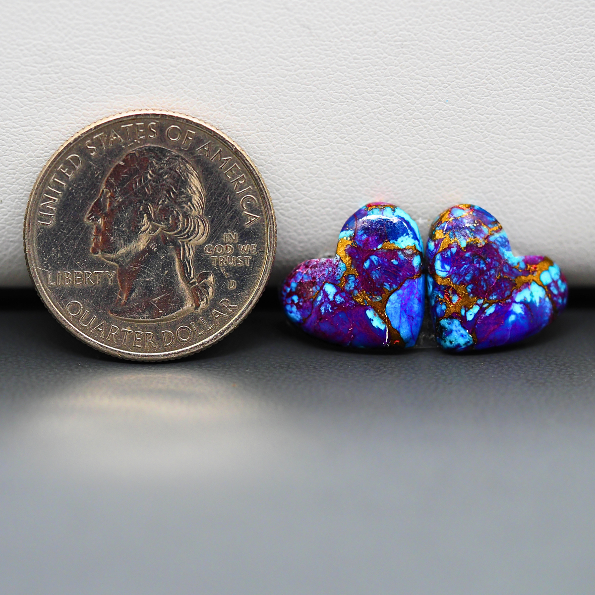 Stabilized Purple Mohave (Mojave) Turquoise heart cabochon pair 14x15x3mm 11ct - purple with blue Kingman turquoise nuggets - photo 1 - Pedra Gems.