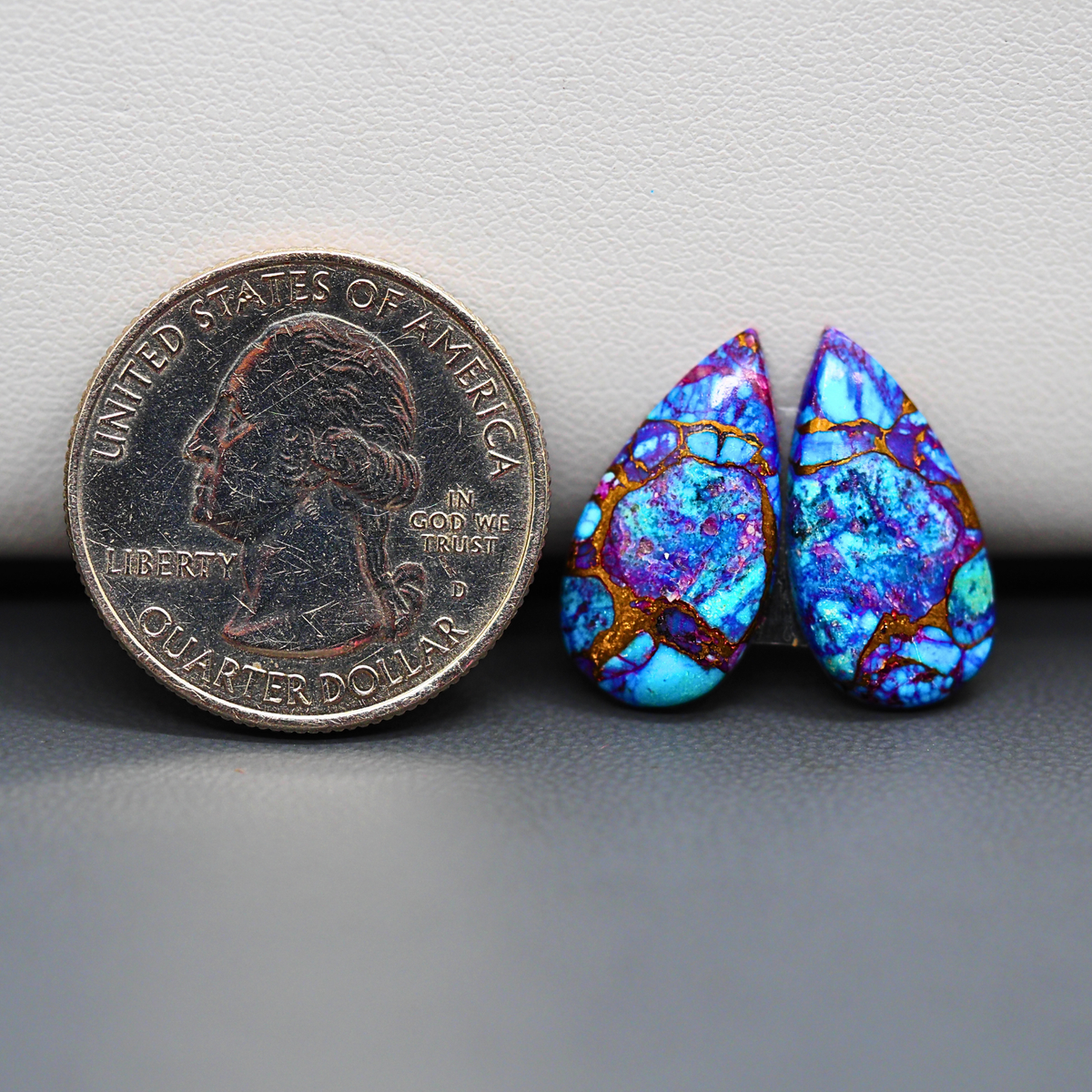 Stabilized Purple Mohave (Mojave) Turquoise pear cabochon pair 19x10x3mm 9.5ct - purple with blue Kingman turquoise nuggets - photo 1 - Pedra Gems.