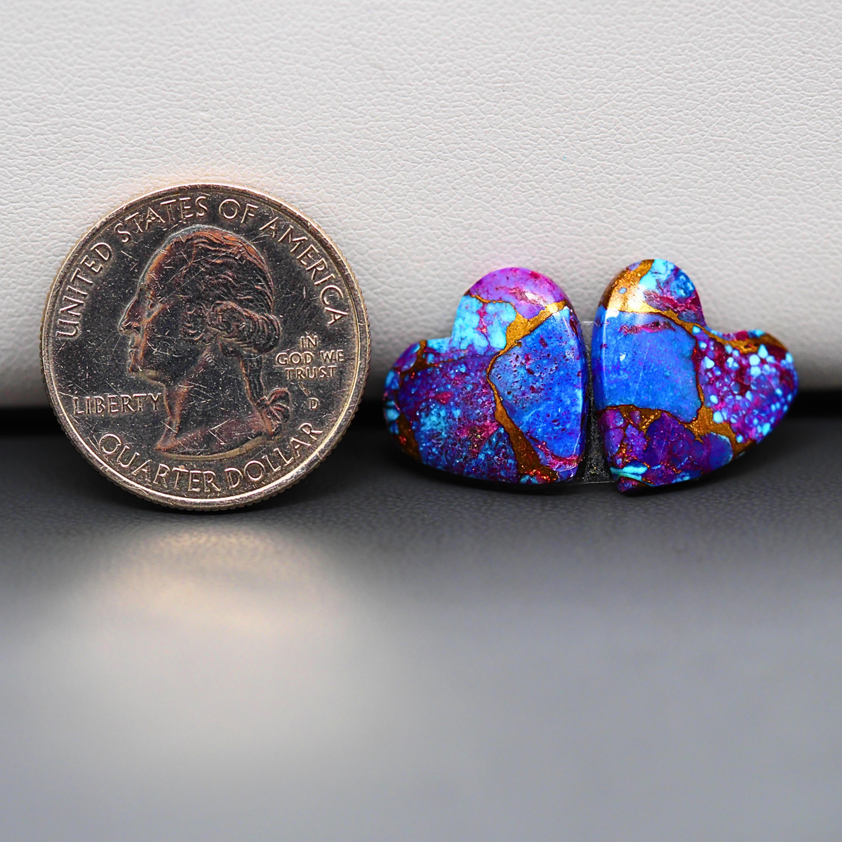 Stabilized Purple Mohave (Mojave) Turquoise heart cabochon pair 16x17x3mm 13.5ct - purple with blue Kingman turquoise nuggets - photo 1 - Pedra Gems.