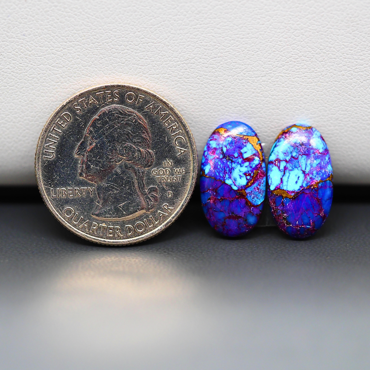 Stabilized Purple Mohave (Mojave) Turquoise oval cabochon pair 17x10x3mm 10.5ct - purple with blue Kingman turquoise nuggets - photo 1 - Pedra Gems.