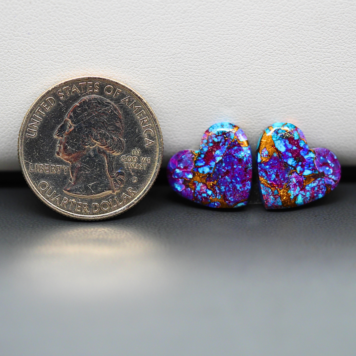 Stabilized Purple Mohave (Mojave) Turquoise heart cabochon pair 14x14x3mm 12.5ct - purple with blue Kingman turquoise nuggets - photo 1 - Pedra Gems.