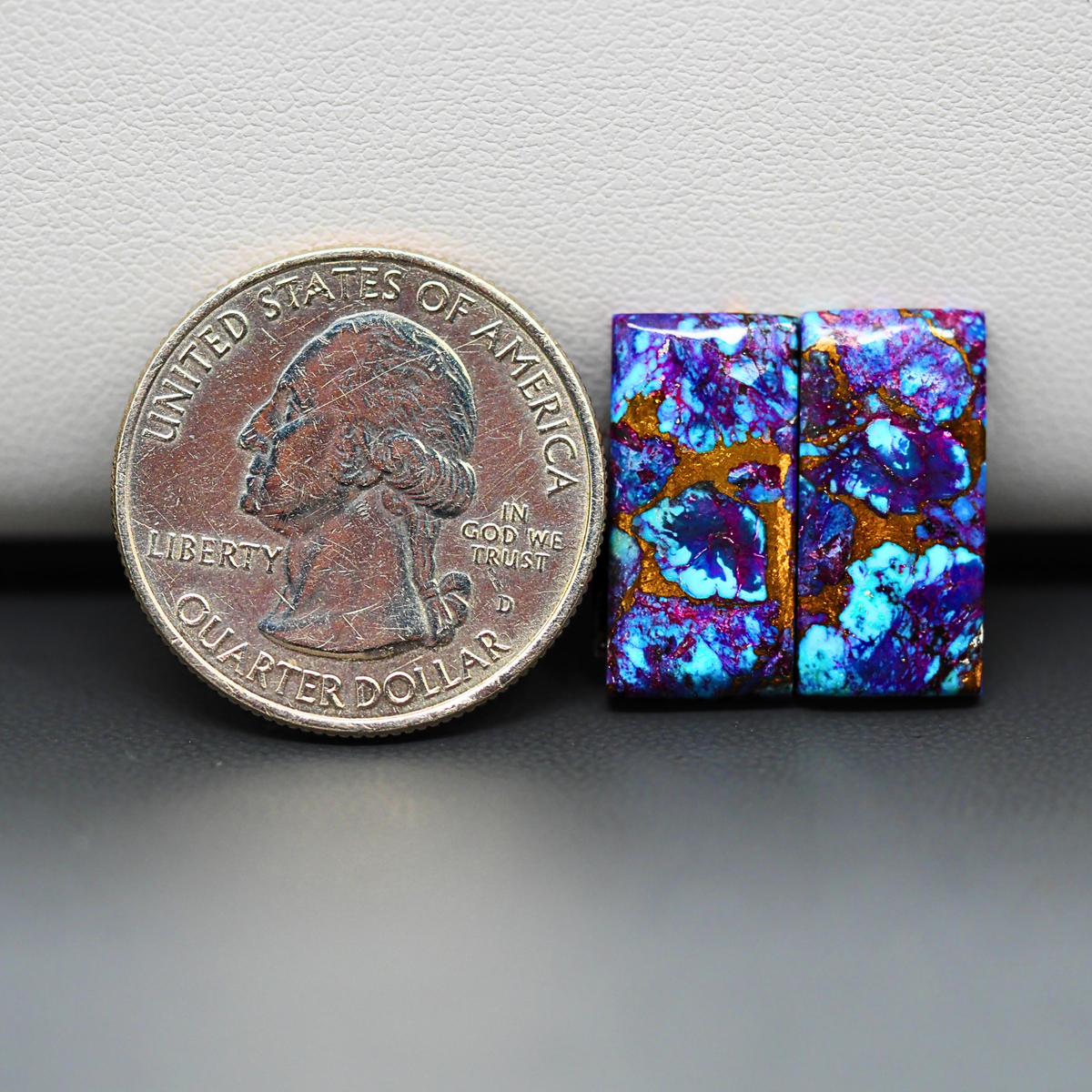 Stabilized Purple Mohave (Mojave) Turquoise baguette cabochon pair 19x9x3mm 15ct - purple with blue Kingman turquoise nuggets - photo 1 - Pedra Gems.