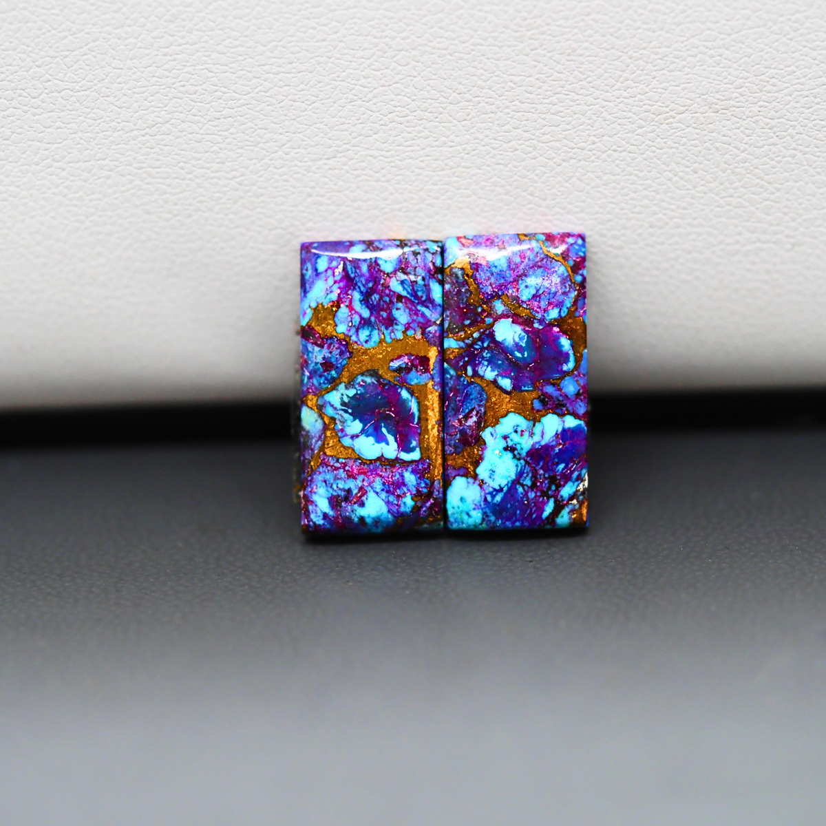 Stabilized Purple Mohave (Mojave) Turquoise baguette cabochon pair 19x9x3mm 15ct - purple with blue Kingman turquoise nuggets - photo 2 - Pedra Gems.