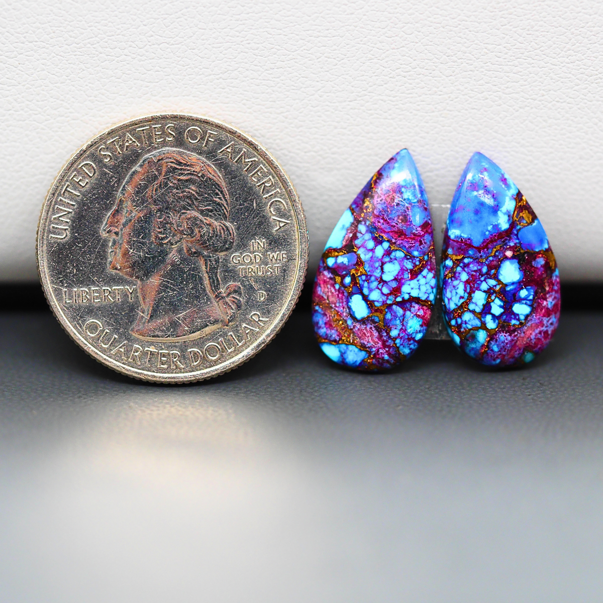 Stabilized Purple Mohave (Mojave) Turquoise pear cabochon pair 19x11x3mm 10ct - purple with blue Kingman turquoise nuggets - photo 1 - Pedra Gems.