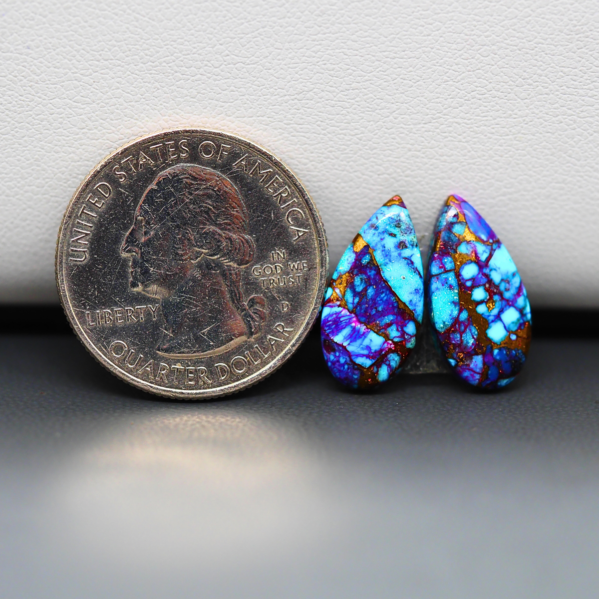 Stabilized Purple Mohave (Mojave) Turquoise pear cabochon pair 17x9x3mm 9ct - purple with blue Kingman turquoise nuggets - photo 1 - Pedra Gems.