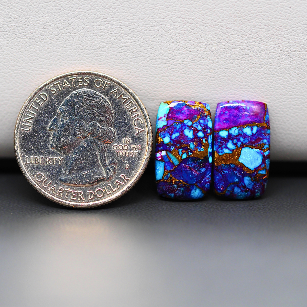 Stabilized Purple Mohave (Mojave) Turquoise rectangle cabochon pair 17x10x3mm 12.5ct - purple with blue Kingman turquoise nuggets - photo 1 - Pedra Gems.