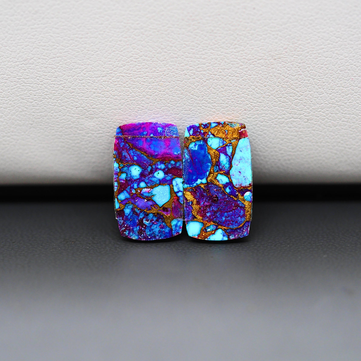 Stabilized Purple Mohave (Mojave) Turquoise rectangle cabochon pair 17x10x3mm 12.5ct - purple with blue Kingman turquoise nuggets - photo 3 - Pedra Gems.