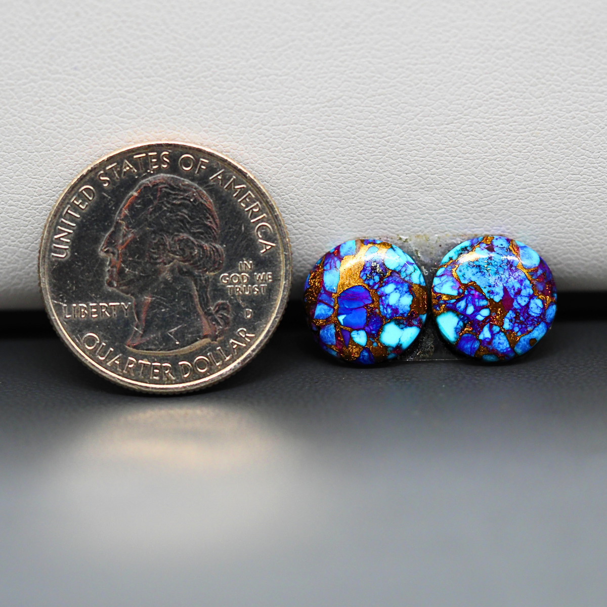Stabilized Purple Mohave (Mojave) Turquoise round cabochon pair 12x12x3mm 7.5ct - purple with blue Kingman turquoise nuggets - photo 1 - Pedra Gems.