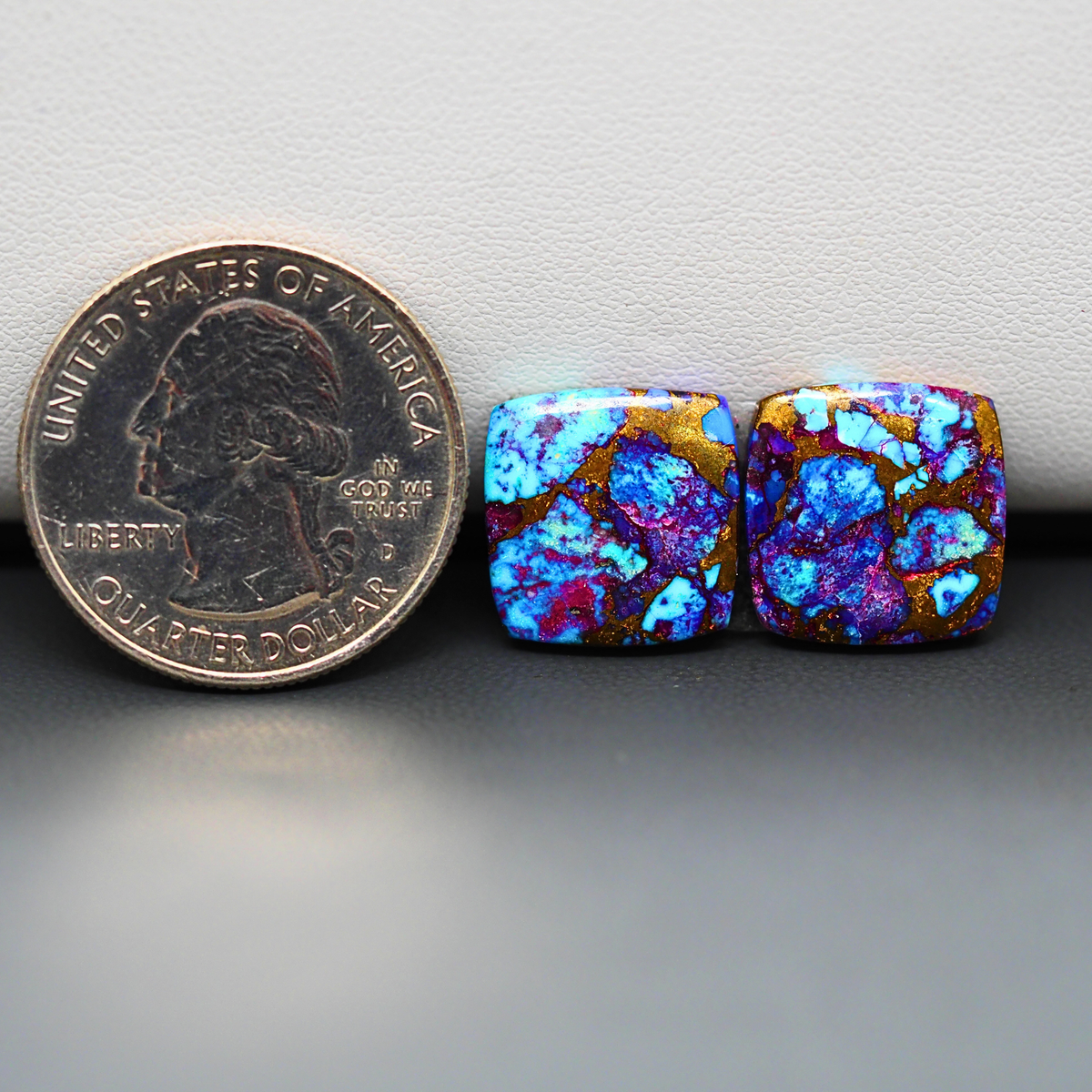 Stabilized Purple Mohave (Mojave) Turquoise cushion cabochon pair 14x14x3mm 15ct - purple with blue Kingman turquoise nuggets - photo 1 - Pedra Gems.