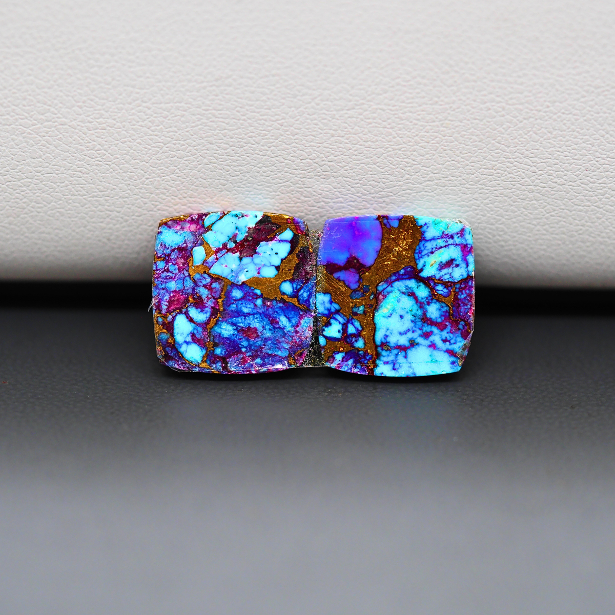 Stabilized Purple Mohave (Mojave) Turquoise cushion cabochon pair 14x14x3mm 15ct - purple with blue Kingman turquoise nuggets - photo 3 - Pedra Gems.