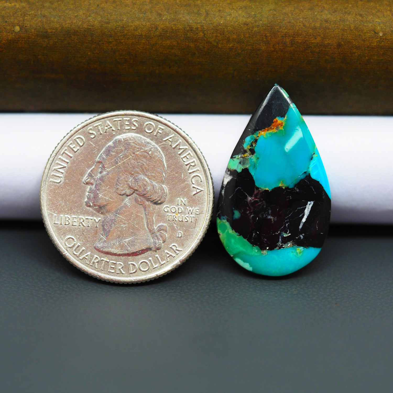 Mohave Turquoise & White Buffalo Pear Cabochon 27x15mm 11.5ct - Blue with Broad Black Band - Pedra Gems