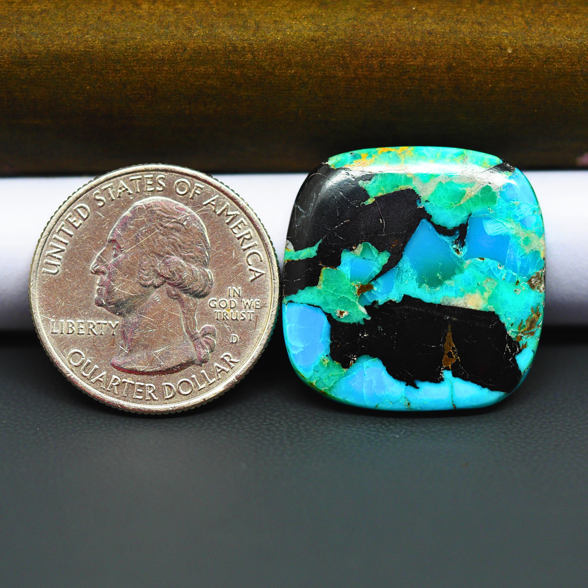 Mohave Turquoise & White Buffalo Cushion Cabochon 25x25mm 21.5ct - Blue and Green with Bold Black Bands - Pedra Gems
